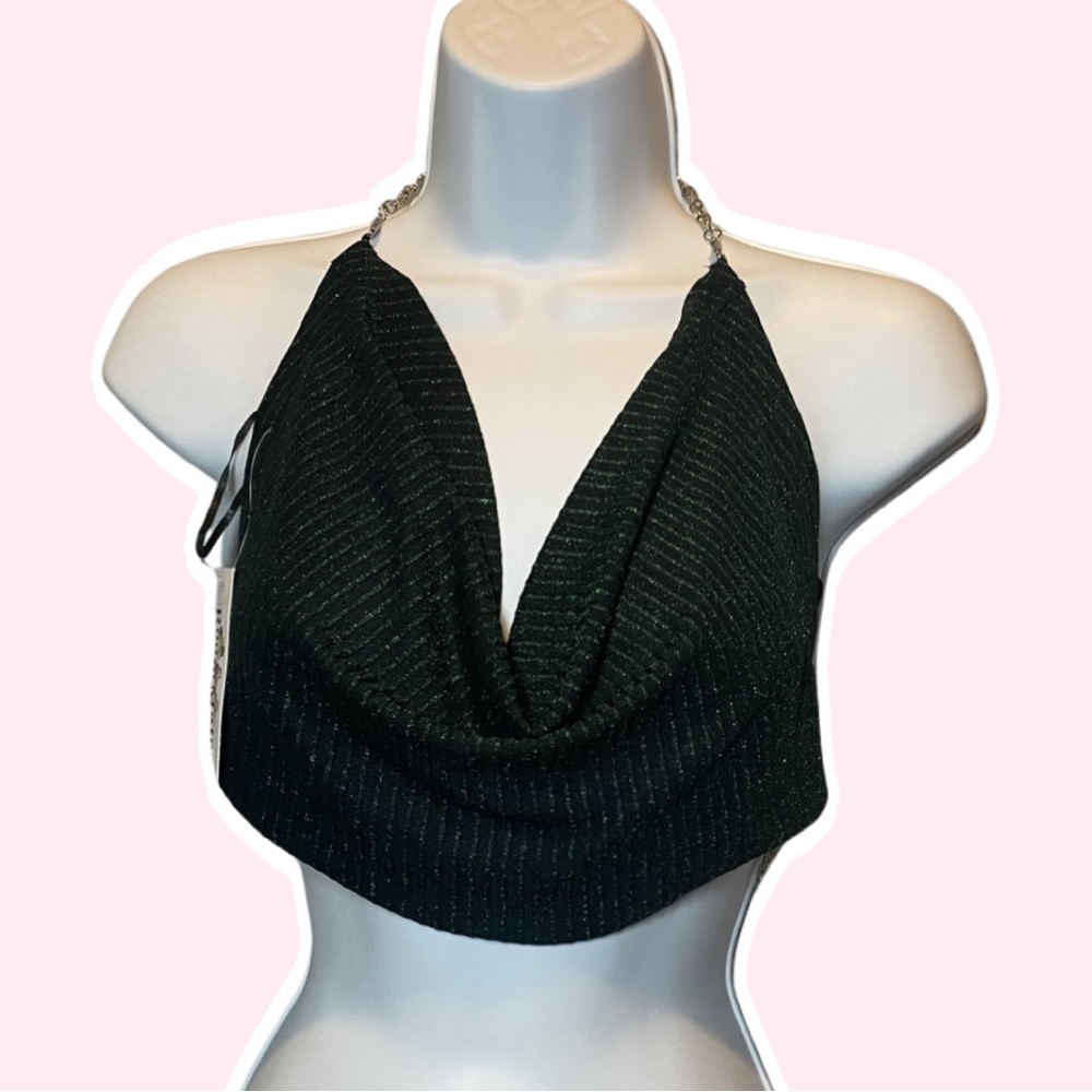 green and black sparkly backless top with silver chain straps